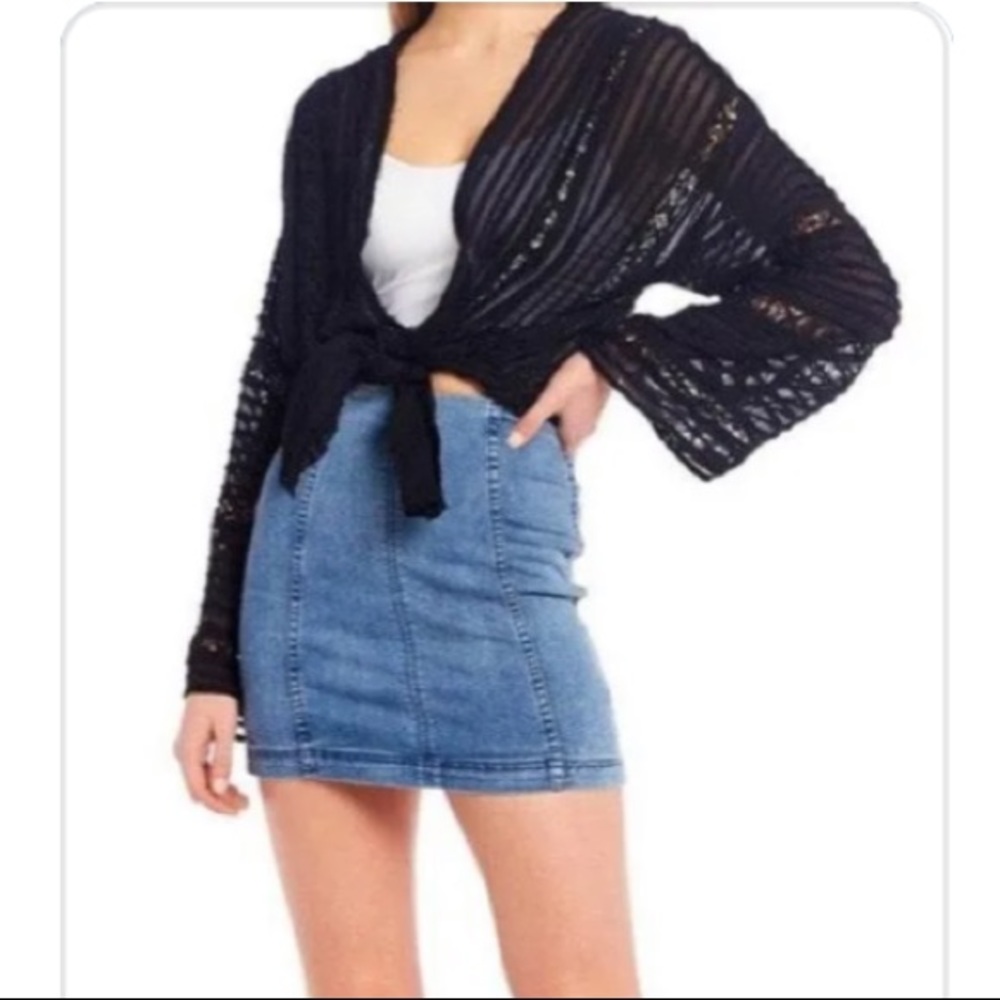 Free People Black Sheer Tie-Front Bell Sleeve Top - Picture 2 of 11